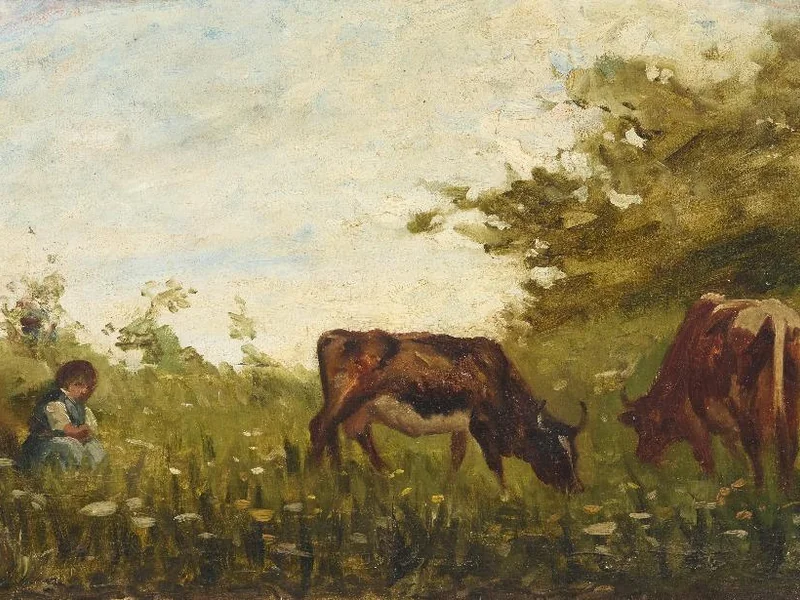 1872-Felice Abrami - Paesaggio pastorale con due mucche al pascolo e un bambino piccolo